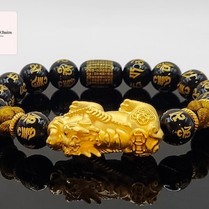 24K Solid Gold Pixiu Bracelet, Onyx Wealth Mantra
