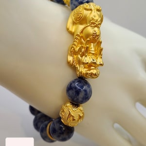 24K Gold Pixiu Bracelet with Sodalite – Feng Shui Wealth Charm