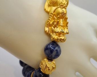 Bracciale Pixiu in oro 24 carati con sodalite – Ciondolo della ricchezza Feng Shui