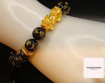24K Gold Pixiu Bracelet, Onyx Feng Shui Wealth Mantra