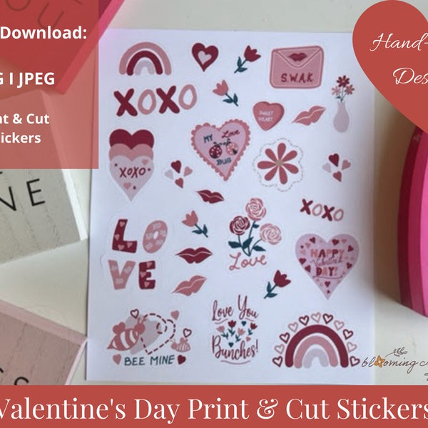 Adorable Valentines Day Print and Cut Stickers, Printable Sticker Sheet, Print n Cut Stickers, PNG, JPEG