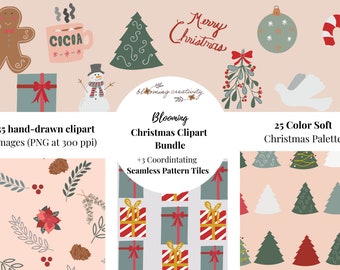 Adorable Christmas Clipart Bundle, Winter and Christmas PNGs, Christmas Digital Papers, Holiday Patterns