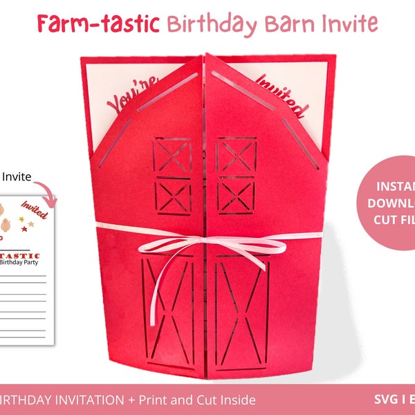 Farm Birthday Party Invitation,Red Barn SVG Template,Farm svg,Barn Birthday,Birthday Card SVG, Birthday Party Invitation, Print and Cut