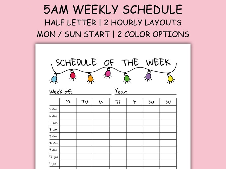 5AM Weekly Schedule Printable Half Letter, Undated Inserts, 24 & 18 ...