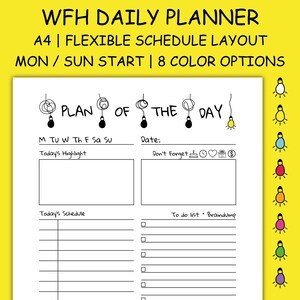 Peut inclure: Un planificateur quotidien imprimable en noir et blanc avec le texte "PLAN OF THE DAY" et un graphique d'ampoule. Le planificateur comprend des sections pour "Today's Highlight", "Today's Schedule", "Don't Forget", et "To do list - Braindump".