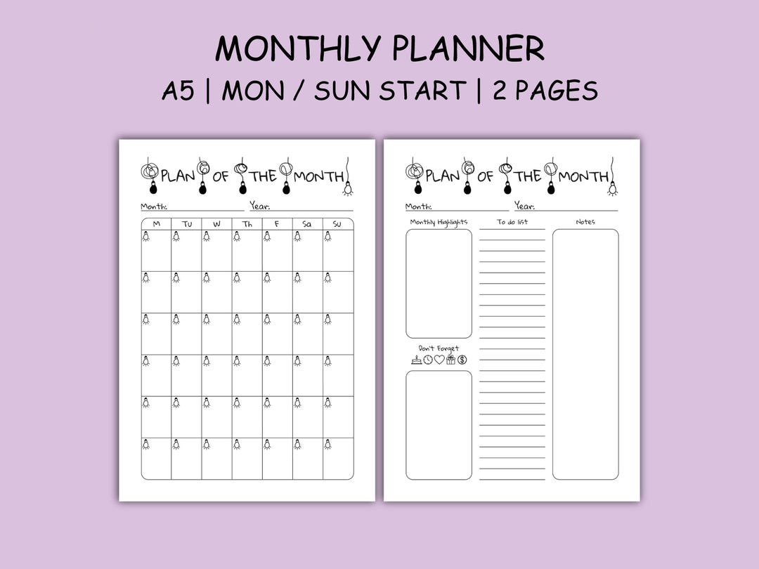 Monthly Planner Printable A5, Undated Overview Month, Visual to Do List ...