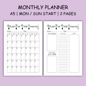 May include: A black and white printable monthly planner with the title "Plan of the Month" and a calendar grid with space for notes and to-do lists. The planner is designed for A5 size paper and starts on Monday.