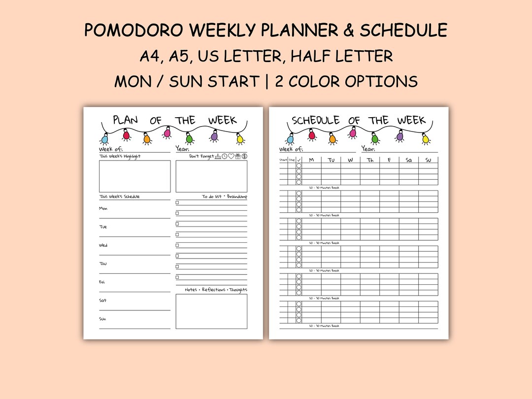 Weekly Pomodoro Planner & Schedule Print A4 A5 Letter Half ' Undated ...