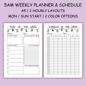 May include: A printable weekly planner and schedule template featuring a festive string of lights design. The planner includes sections for "This week's highlight", "This week's schedule", "To do list", and "Notes, Reflections, Thoughts". The schedule section is a grid with columns for each day of the week and rows for every two hours from 5 am to 9 pm.