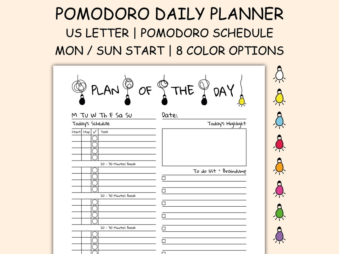 Pomodoro Planner Daily US Letter Print - Pomodoro Technique Printable ...