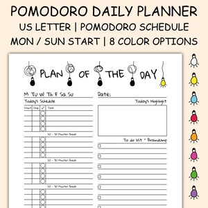 May include: A black and white printable daily planner with a Pomodoro schedule. The planner has a title that says "Plan of the Day" and includes a section for today's schedule, today's highlight, and a to-do list. The planner is designed for a Monday to Sunday start.