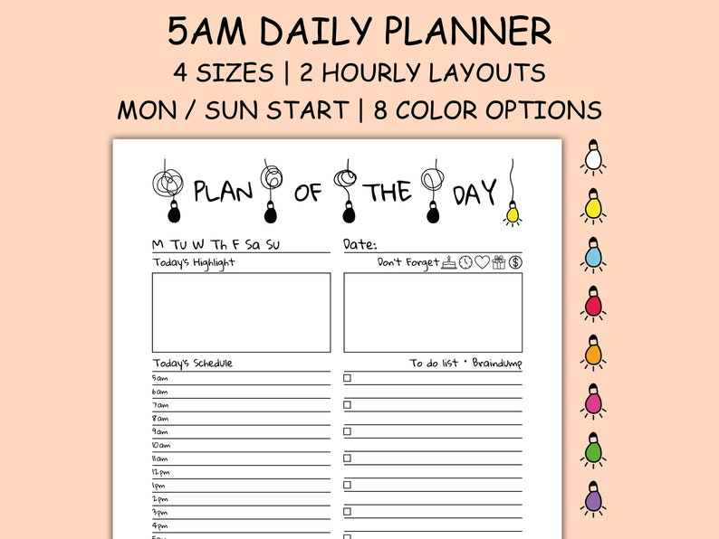 5AM Daily Planner Printable A4 A5 Letter Half, Hourly Tabs, 6 Ring