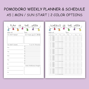 Weekly Pomodoro Planner & Schedule Printable A5 ' Undated Week Overview ...