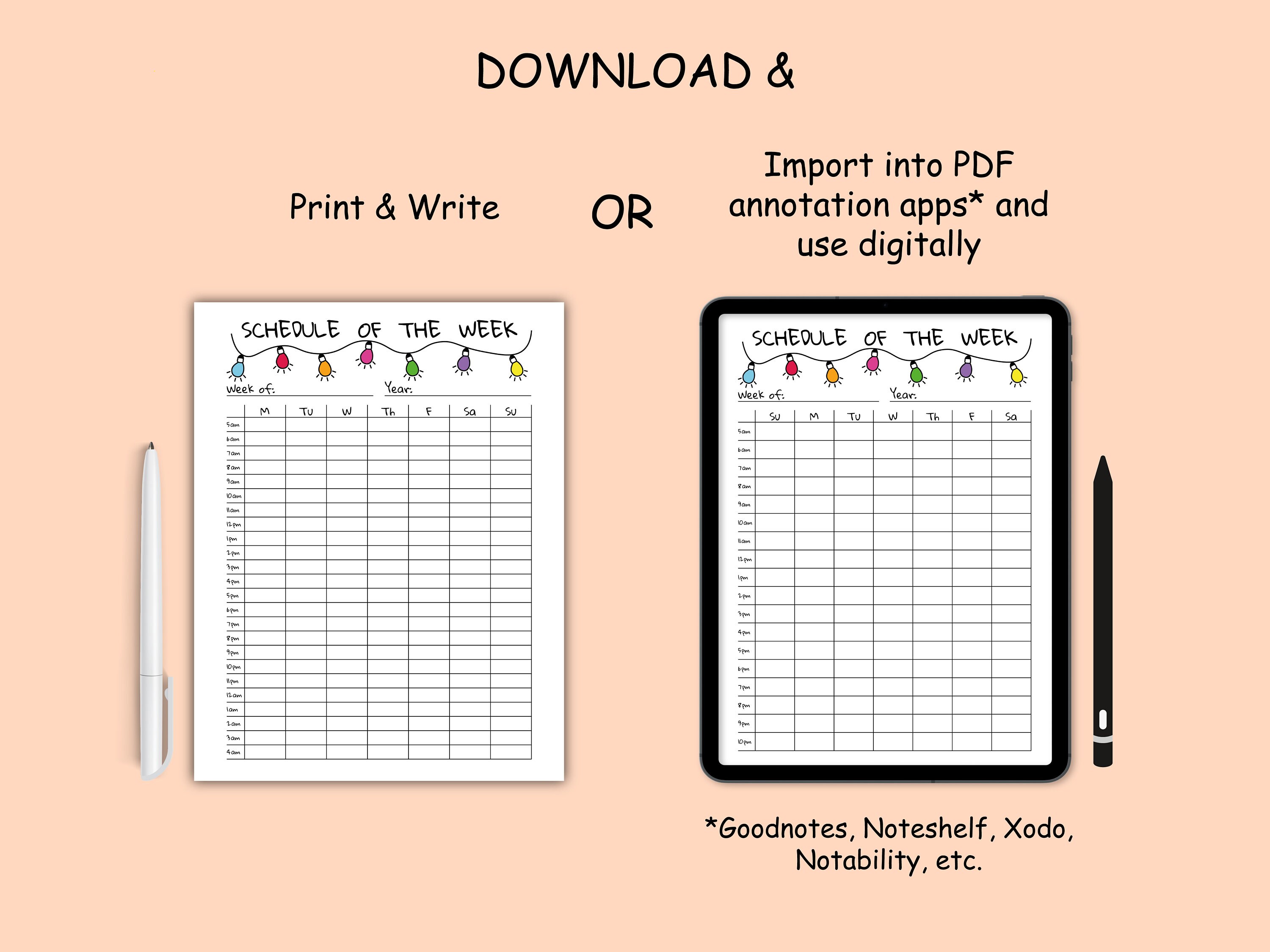 5AM Weekly Schedule Printable A4 A5 Letter Half, Undated Template, 24 ...