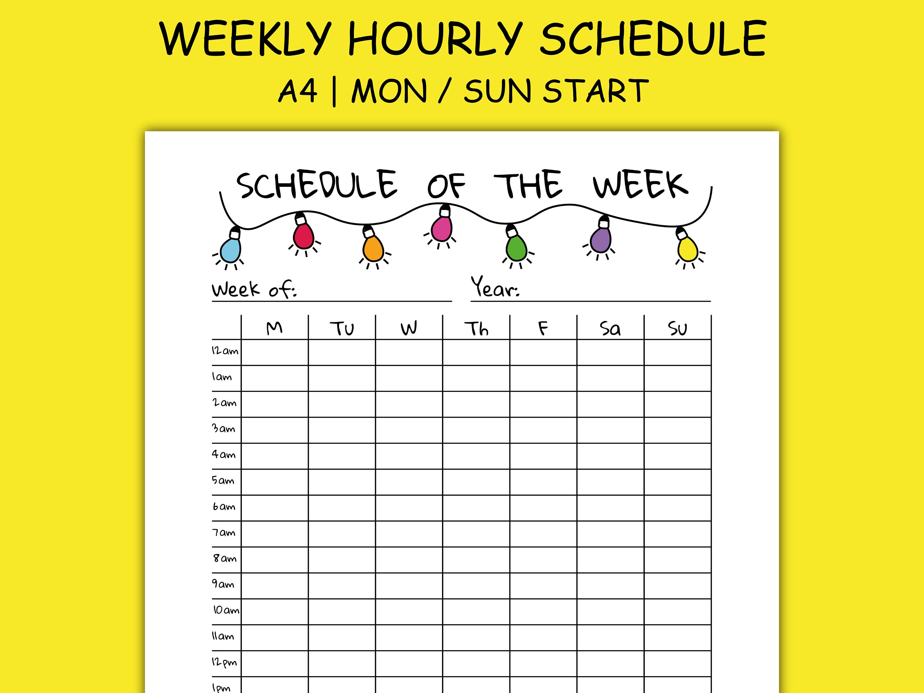 Hourly Weekly Schedule Printable A4 Undated Overview - Etsy
