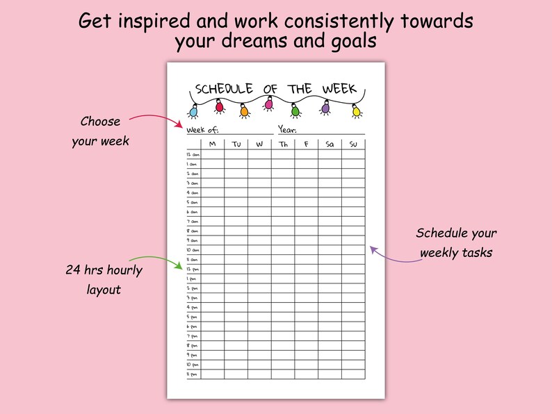 Hourly Weekly Schedule Printable Half Letter, Undated 24 Hour Inserts ...