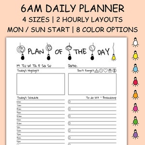 6AM Squad Planner täglich druckbar A4 A5 Letter Half, stündlich Tabs, 6 Ringplaner, 24 & 18 Stunden Zeitlayouts - Planer See The Light Serie