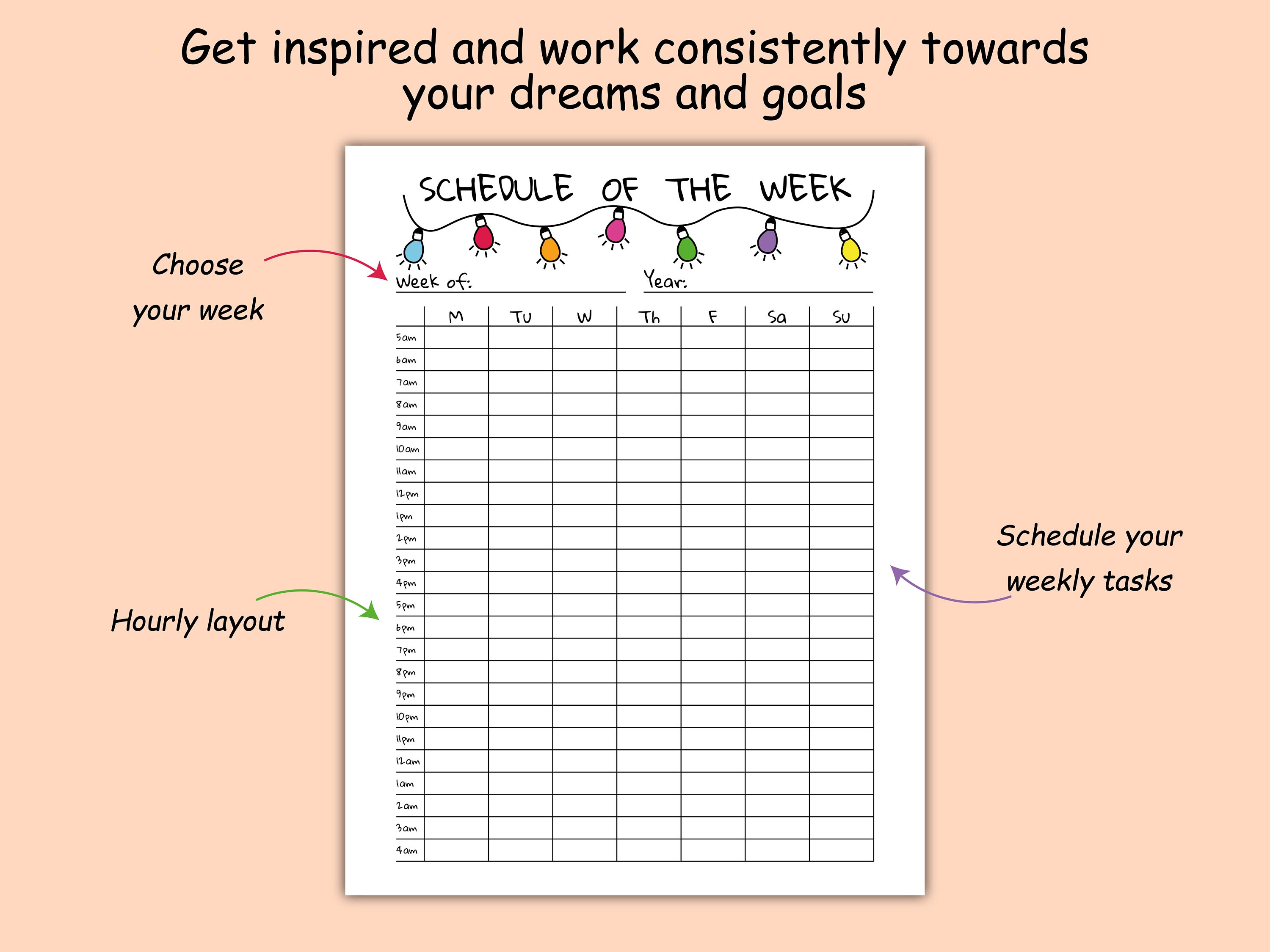 5AM Weekly Schedule Printable A4 A5 Letter Half, Undated Template, 24 ...