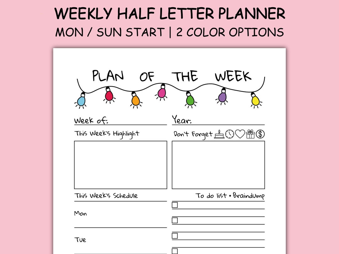 1 Page Weekly Planner Printable Half Letter ' Undated Visual Schedule ...