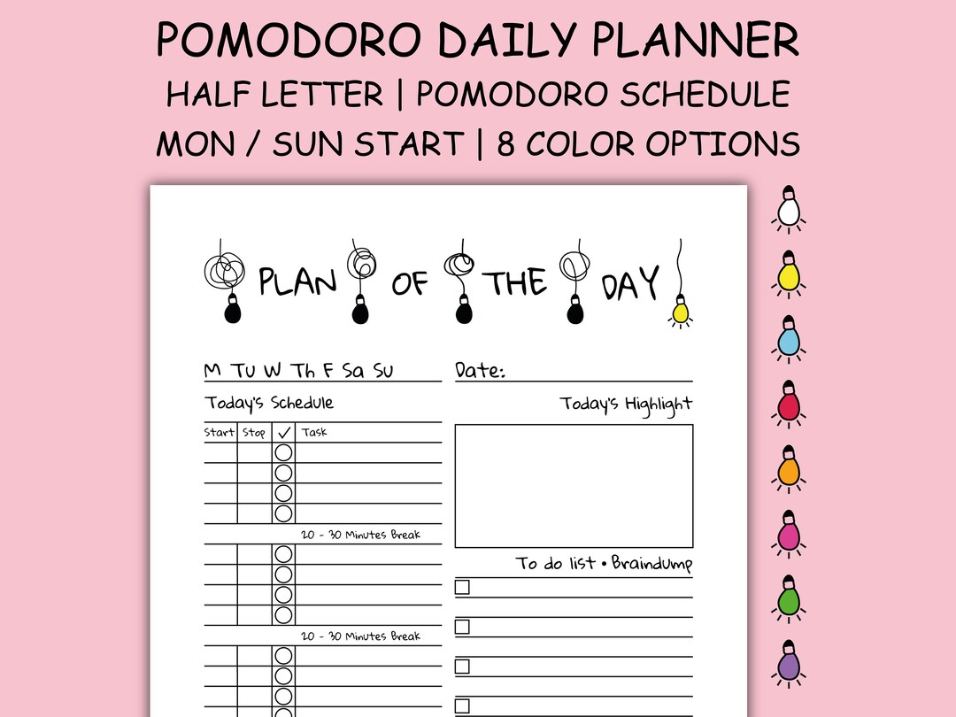 Pomodoro Planner Daily Printable Half Letter - Pomodoro Technique ...