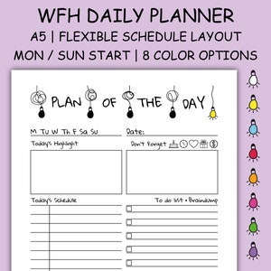 Puede incluir: Un planificador diario imprimible en blanco y negro con el texto "PLAN OF THE DAY" y un gráfico de bombilla. El planificador incluye secciones para "Today's Highlight", "Today's Schedule", "Don't Forget" y "To do list - Braindump".