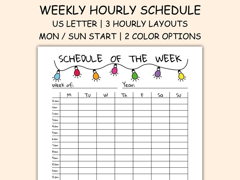 Hourly Weekly Schedule US Letter Print, Undated 24 Hour Template ...