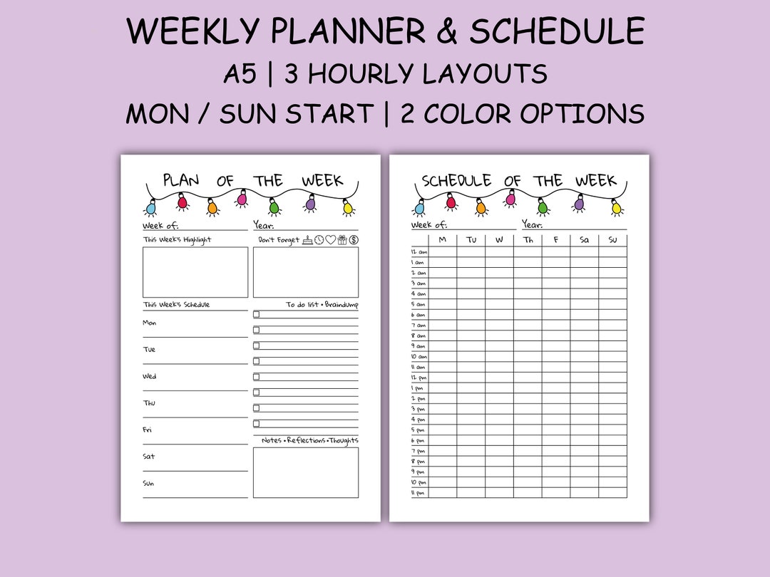 Hourly Weekly Planner & Schedule Printable A5 ' Undated Tabs ' Visual ...