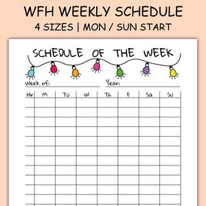 May include: A printable weekly schedule planner with a whimsical design featuring a string of colorful lightbulbs. The planner is divided into hours and days of the week, with spaces for writing tasks or appointments. The text "SCHEDULE OF THE WEEK" is at the top of the planner.