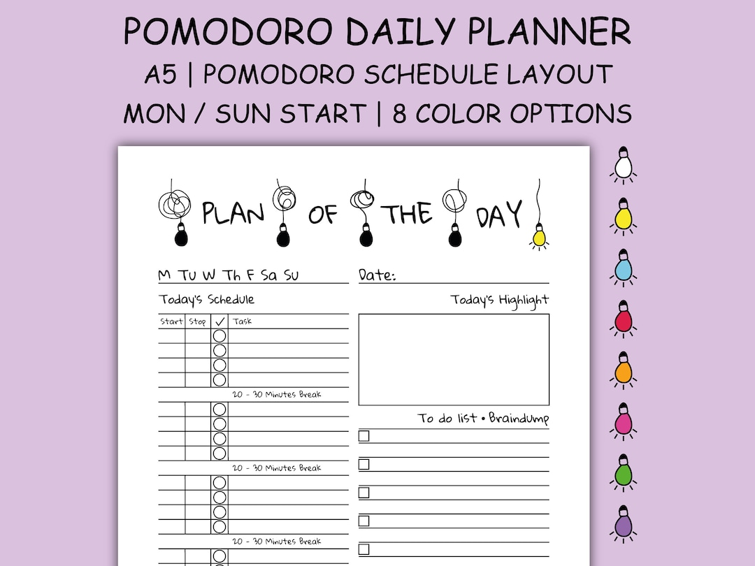 Pomodoro Planner Daily Printable A5 - Pomodoro Technique Undated Tabs ...