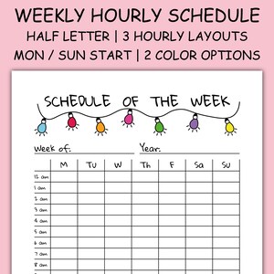 Hourly Weekly Schedule Printable Half Letter, Undated 24 Hour Inserts, Visual Schedule Week, 6 Ring Binder Insert, Parade of Lights series