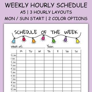 Hourly Weekly Schedule Printable A5, Undated 24 Hour Insert, Visual Schedule Week, A5 6 Ring Inserts, Template Parade of Lights series