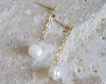 Chain Pearl Studs, Pearl Studs, Natural Pearl Studs, Pearl Drop Earrings, Pearl Dangle Studs, Pearl Earrings, Minimalist Earrings, Vermeil