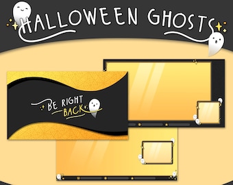 Op de afbeelding: Geanimeerde streamgraphics met een Halloween-thema. Het ontwerp heeft een zwart-goud kleurenschema met spookillustraties. De tekst "HALLOWEEN GHOSTS" en "ANIMATED STREAM GRAPHICS" worden weergegeven. Eén graphic leest "Be Right Back".