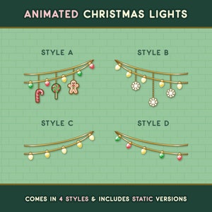 Puede incluir: Cuatro estilos de luces de Navidad animadas con diferentes decoraciones, incluyendo bastones de caramelo, hombres de jengibre, copos de nieve y bombillas de colores. El texto "ANIMATED CHRISTMAS LIGHTS" está en la parte superior de la imagen. El texto "COMES IN 4 STYLES & INCLUDES STATIC VERSIONS" está en la parte inferior de la imagen.