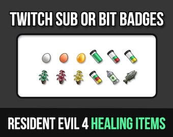 May include: A collection of Twitch sub or bit badges featuring healing items from Resident Evil 4. The badges include a white egg, an orange egg, a gold egg, three green and white potion bottles, a green plant in a pot, a red plant in a pot, a yellow plant in a pot, a red and yellow spray can, a green spray can with a plus sign, and a gray fish.