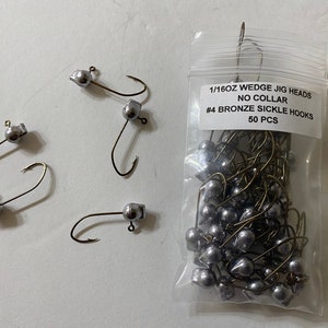 50 unpainted Wedge Head Jigs with no collar and red sickle hooks various hook and weight sizes