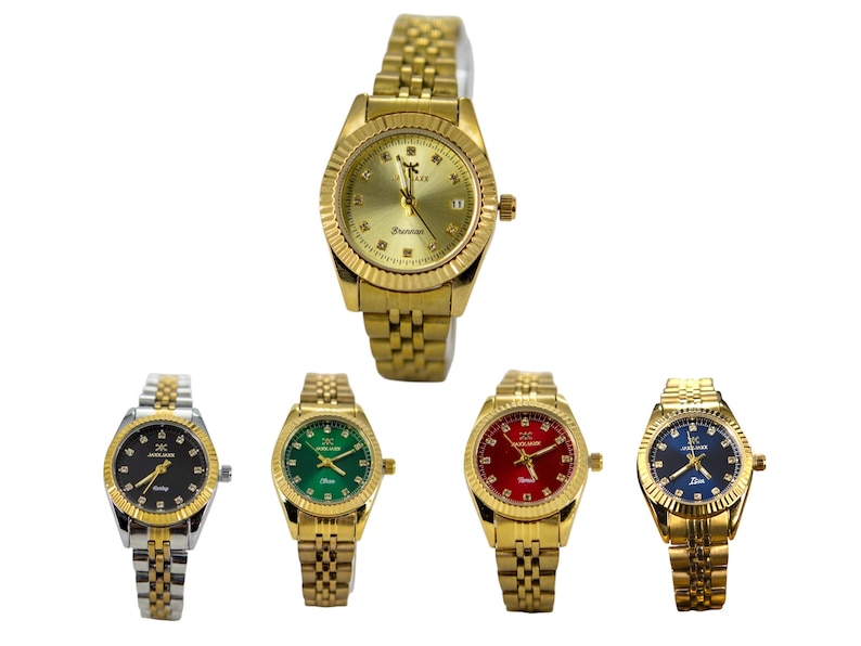 May include: Five gold-toned wristwatches with various colored faces: black, green, red, and blue. The watches have gold bands and bezels, with some featuring diamond-like accents. The watch faces display the brand name and other text.