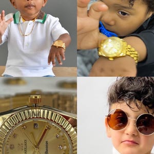 May include: A collection of images showcasing children wearing gold-toned wristwatches. The watches feature gold bands and watch faces. One watch has the brand name "Jaxx Jaxx" and the name "Brennan" on the watch face. The children are wearing various outfits.