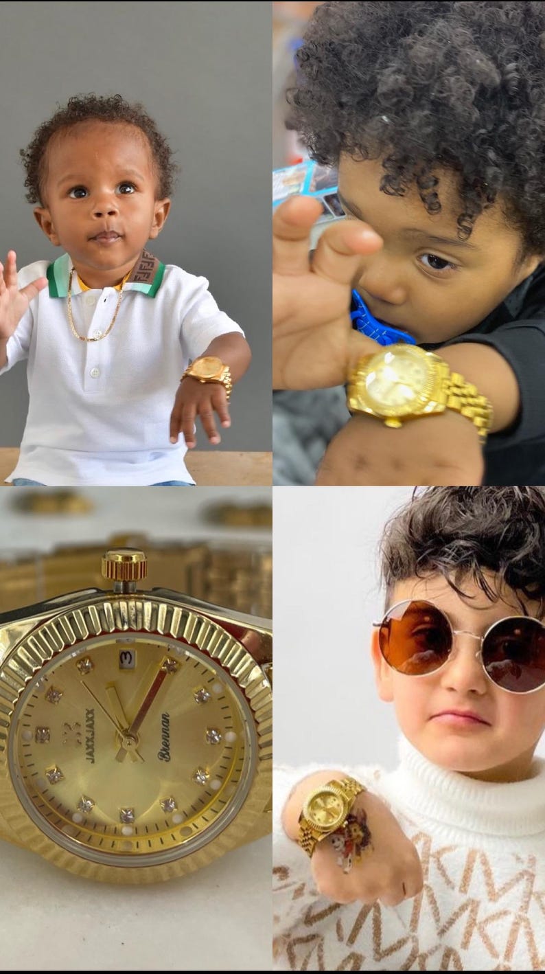 May include: A collection of images showcasing children wearing gold-toned wristwatches. The watches feature gold bands and watch faces. One watch has the brand name "Jaxx Jaxx" and the name "Brennan" on the watch face. The children are wearing various outfits.