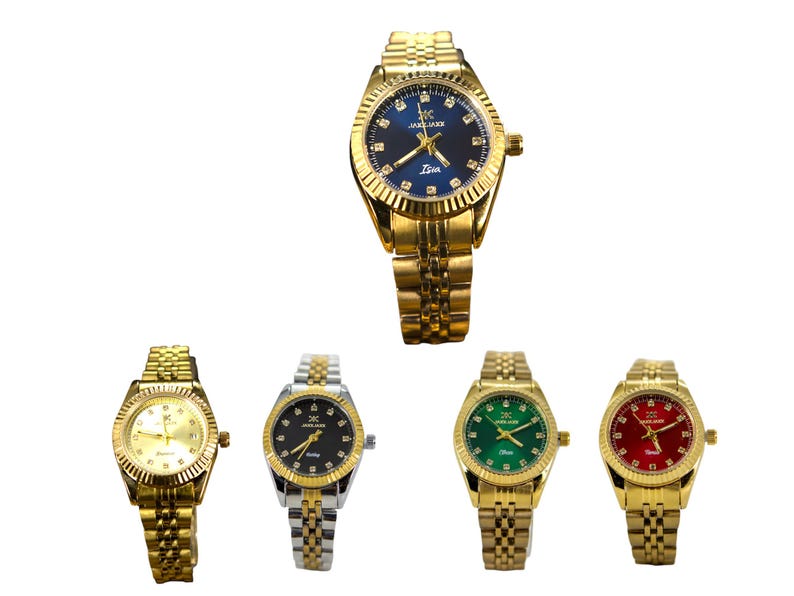 May include: Five wristwatches with gold, silver, and black metal bands. The watches have different colored faces: blue, gold, green, and red.