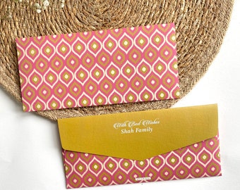 Personalised Money Envelope |Shagun Cover| Festive Cash Envelope |Floral Envelope | Diwali | Eid | Wedding |Pack of 25 & 50| PINK IKAT