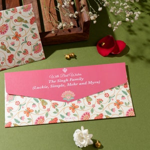 Envelope de dinheiro personalizado |Capa Shagun| Envelope de dinheiro festivo | Envelope floral | Diwali | Eid | Casamento |Pacote de 25 e 50| ROSA FLORAL