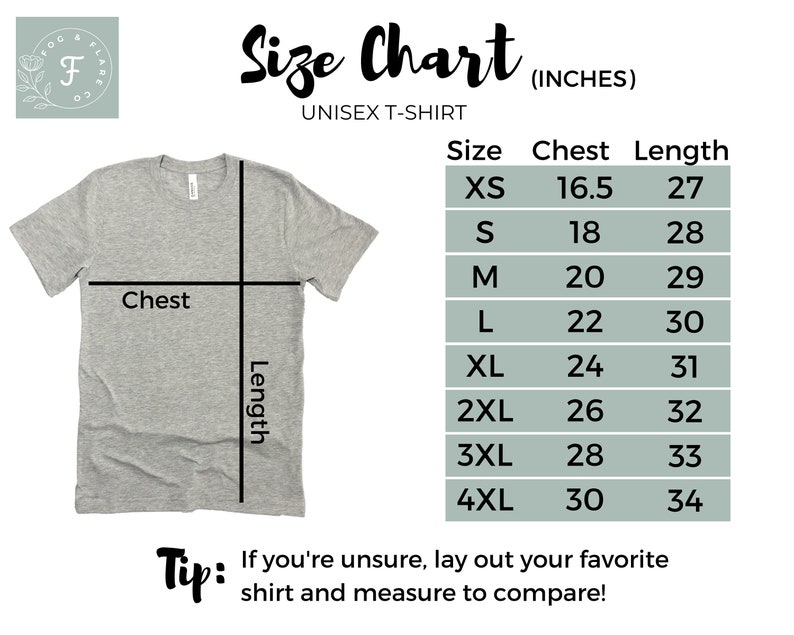 K&ouml;nnte beinhalten: Eine Gr&ouml;&szlig;entabelle f&uuml;r Unisex-T-Shirts, die Brust- und L&auml;ngenma&szlig;e in Zoll f&uuml;r die Gr&ouml;&szlig;en XS bis 4XL zeigt.