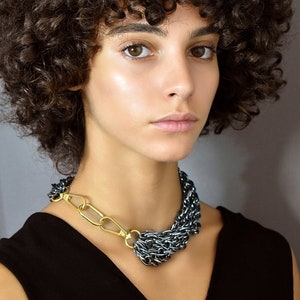 Multi Chain Choker, Gold Carabiner Necklace, Mixed Metal Statement Necklace, Rock Style Chunky Chain Choker, Bold Oversize Layered Necklace