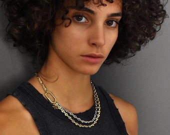 Silver and Gold Chain Choker, Double Strand Mixed Metal Short Statement Necklace with Star Charm,  Bold Edgy Rock Style Carabiner Necklace
