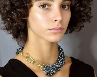 Multi Chain Choker, Gold Carabiner Necklace, Mixed Metal Statement Necklace, Rock Style Chunky Chain Choker, Bold Oversize Layered Necklace