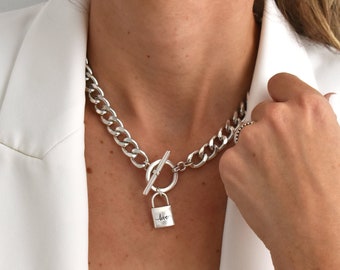 Silver Padlock Necklace, Chunky Chain Lock Necklace, Curb Chain with Lock Pendant, Short Statement Necklace, Silver Chain Choker for Women
