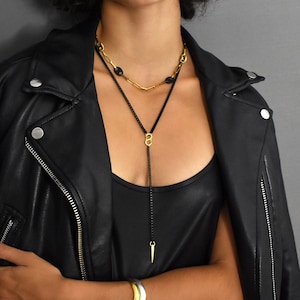 Black Chain Lariat Necklace, Gold Spike Y Necklace, Matte Black Chain Punk Rock Style Necklace, Two Tone Sharp Edgy Bar Geometric Necklace