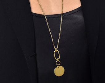 Long Gold Necklace, Gold Chain Necklace with Disc Pendant, Gold Coin Necklace, Geometric Minimalist Everyday Layered Necklace, Gift for Mom