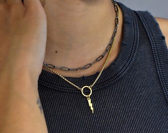 Gold Lightning Necklace, Black Gold Layered Thunder Necklace, Double Strand O Ring Choker, Mixed Metal Lightning Bolt Pendant Collar Choker